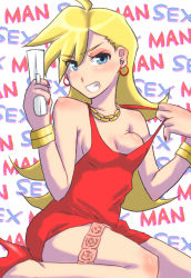 Rule 34 | 10s, back lace, blonde hair, blue eyes, blush, breasts, cleavage, condom, condom packet strip, condom wrapper, dress, earrings, grin, gun, highres, jewelry, necklace, panty &amp; stocking with garterbelt, panty (psg), sitting, smile, strap pull, wariza, weapon