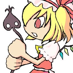 Rule 34 | 00s, 1girl, blonde hair, derivative work, dress, drummania, flandre scarlet, from side, gitadora, guitarfreaks, hat, hat ribbon, holding, jaggy lines, lowres, open mouth, parody, puffy short sleeves, puffy sleeves, red dress, red eyes, ribbon, short hair, short sleeves, simple background, solo, style parody, touhou, tti, upper body, white background, white sleeves