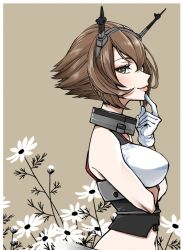 Rule 34 | 1girl, arm under breasts, border, breasts, brown background, brown hair, closed mouth, finger to own chin, flower, gloves, green eyes, hair between eyes, headgear, kantai collection, large breasts, lips, looking at viewer, mutsu (kancolle), shide kouri, short hair, simple background, sleeveless, solo, white border, white flower, white gloves