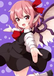 Rule 34 | 1girl, animal ears, ascot, bird ears, bird wings, black footwear, black skirt, black vest, collared shirt, cosplay, dotted background, feathered wings, feathers, from side, hair ribbon, highres, long sleeves, looking at viewer, medium hair, mystia lorelei, open mouth, outstretched arms, pink eyes, pink hair, purple background, red ascot, red ribbon, ribbon, rumia, rumia (cosplay), ruu (tksymkw), shirt, skirt, smile, socks, solo, spread arms, touhou, vest, white feathers, white shirt, white socks, white wings, wings