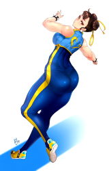 Rule 34 | 1girl, alternate costume, ass, bare shoulders, blue background, blue bodysuit, bodysuit, bow, bracelet, breasts, brown eyes, brown hair, capcom, chun-li, double bun, earrings, full body, hair bow, hair bun, highres, jewelry, legs, looking at viewer, matching hair/eyes, medium breasts, pantylines, parted lips, shoes, skin tight, sneakers, solo, spiked bracelet, spikes, standing, standing on one leg, street fighter, two-tone background, white background, zcune