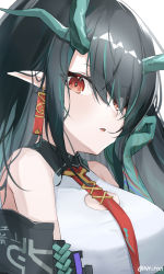 Rule 34 | 1girl, aqua hair, arknights, bad id, bad pixiv id, bare shoulders, black hair, blush, breasts, commentary, dress, dusk (arknights), hand up, highres, horns, large breasts, long hair, necktie, nitoron, red eyes, red necktie, solo, upper body, white dress