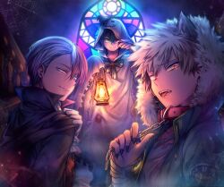 Rule 34 | 3boys, animal collar, animal ears, ascot, backlighting, badge, bakugou katsuki, bandaged wrist, bandages, black cape, black nails, blonde hair, bloom, blue eyes, blurry, blurry background, boku no hero academia, bow, bowtie, brooch, burn scar, cape, cape grab, chain, chain leash, cloak, closed mouth, clothes grab, collar, collared cape, commentary, copyright name, cowlick, depth of field, drawstring, english commentary, fang, fang out, fangs, fingernails, freckles, fur-trimmed hood, fur trim, ghost costume, gloves, glowing, glowing eyes, green eyes, green hair, green jacket, grey eyes, grey shirt, hair between eyes, hair over one eye, hairstyle request, halloween, halloween costume, hand up, handrail, hands up, hat, heterochromia, highres, holding, holding chain, holding lantern, holding leash, hood, hood up, hooded jacket, indoors, jacket, jewelry, lantern, leash, light, looking at viewer, looking to the side, male focus, midoriya izuku, mini hat, mini witch hat, multicolored hair, multiple boys, official alternate costume, official alternate hairstyle, open mouth, patch, popped collar, pumpkin brooch, railing, raised eyebrow, red collar, red eyes, red hair, ryutaro (ryuuuuutaaaxxxx), scar, scar on face, sharp fingernails, shirt, short hair, silk, smile, smoke, spider web, spiked hair, split-color hair, stained glass, striped bow, striped bowtie, striped clothes, todoroki shouto, tongue, tongue out, torn cloak, torn clothes, torn shirt, turning head, two-sided cape, two-sided fabric, two-tone hair, upper body, vampire costume, werewolf costume, white ascot, white gloves, white hair, witch hat, wolf ears, wooden railing