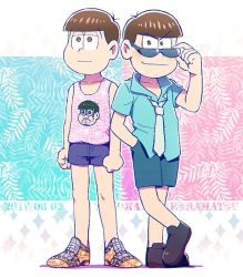 Rule 34 | 10s, 2boys, bad id, bad twitter id, blue necktie, brown eyes, brown hair, character name, character print, cosplay, costume switch, dated, glasses, hand in pocket, loose necktie, male focus, matsuno karamatsu, matsuno karamatsu (cosplay), matsuno todomatsu, matsuno todomatsu (cosplay), multiple boys, necktie, osomatsu-kun, osomatsu-san, self character print, sequins, short shorts, shorts, show chiku-by, sunglasses, tank top