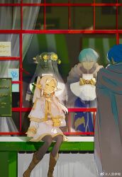 Rule 34 | 1boy, 1girl, artist name, blue eyes, blue hair, boots, brown footwear, cape, capelet, closed mouth, curtains, earrings, frieren, grey cape, hair between eyes, highres, himmel (sousou no frieren), jewelry, long hair, mirror, parted bangs, pointy ears, reflection, renzao yi dian, short eyebrows, short hair, sidelocks, sitting, sleeping, smile, sousou no frieren, thick eyebrows, twintails, white capelet, white hair, window