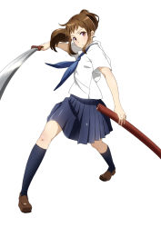Rule 34 | 1girl, blush, brown eyes, brown hair, character request, conone, copyright request, determined, fighting stance, full body, highres, holding, holding sword, holding weapon, katana, loafers, long hair, looking at viewer, scabbard, school uniform, serafuku, sheath, shirt, shoes, simple background, skirt, socks, solo, standing, sword, sword hilt, unsheathed, weapon, white background