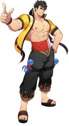 Rule 34 | 1boy, abs, alternate costume, artificial vagina, bara, biceps, black hair, bracelet, collared jacket, covered abs, full service (mazjojo), gyee, hand on own hip, highres, jacket, jewelry, large pectorals, legband, long sideburns, looking at viewer, male focus, manly, mature male, mazjojo, muscular, muscular male, nipples, official art, open clothes, open jacket, pants, pectorals, rald schwarz, sandals, sex toy, sideburns, smile, solo focus, spiked hair, thick arms, thick eyebrows, thick thighs, thighs, tight clothes, transparent background, yellow eyes