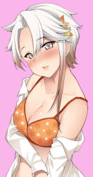 Rule 34 | 1girl, akishimo (kancolle), asymmetrical bangs, asymmetrical hair, bare shoulders, blush, bra, breasts, brown hair, cleavage, commentary request, gradient hair, grey eyes, hair ornament, head tilt, kantai collection, kusano (torisukerabasu), large breasts, leaf hair ornament, looking at viewer, multicolored hair, orange bra, pink background, shirt, short hair with long locks, silver hair, simple background, solo, underwear, upper body, white shirt