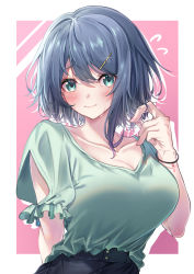 Rule 34 | 1girl, absurdres, aqua shirt, aqua eyes, black skirt, blue hair, blush, bracelet, breasts, cleavage, closed mouth, clothing cutout, collarbone, embarrassed, flying sweatdrops, hand in own hair, hand up, high-waist skirt, highres, jewelry, komupi, large breasts, looking away, original, short hair, simple background, skirt, solo, upper body