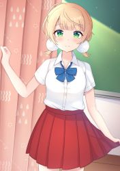 Rule 34 | 1girl, bad id, bad pixiv id, blonde hair, blue bow, blush, bow, breasts, closed mouth, collared shirt, commentary request, curtains, dress shirt, green eyes, hair ornament, hand up, highres, indie virtual youtuber, indoors, low twintails, pleated skirt, pom pom (clothes), pom pom hair ornament, red skirt, school uniform, seventeen (st17215), shigure ui (vtuber) (2nd costume), shigure ui (vtuber), shirt, short hair, short sleeves, short twintails, skirt, skirt hold, small breasts, smile, solo, standing, twintails, virtual youtuber, white shirt, wooden floor