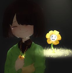 Rule 34 | androgynous, artist name, brown hair, chara (undertale), closed eyes, collared shirt, crying, flower, flowey (undertale), gender request, heart, heart necklace, highres, jewelry, necklace, shirt, smile, spoilers, spotlight, striped clothes, striped sweater, sweater, tears, transparent, undertale, upper body, victoria (viv404)
