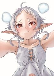 Rule 34 | 1girl, ahoge, armpits, bare shoulders, camisole, closed mouth, collarbone, commentary, crying, crying with eyes open, elf, forehead, foreshortening, from below, highres, looking at viewer, mushoku tensei, orange eyes, outstretched arms, pointy ears, reaching, reaching towards viewer, short hair, simple background, solo, syagare, sylphiette (mushoku tensei), tears, white background, white camisole, white hair