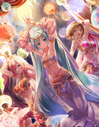 Rule 34 | 3girls, :d, arabian clothes, armpits, arms up, blue eyes, blue hair, blue nails, breasts, brown eyes, brown hair, cleavage, commentary, crypton future media, daidou (demitasse), gold trim, hatsune miku, lantern, large breasts, long hair, looking at viewer, megurine luka, meiko (vocaloid), multiple girls, navel, night, night sky, official art, open mouth, pink hair, revealing clothes, short hair, sky, small breasts, smile, star (sky), very long hair, vocaloid
