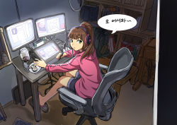 Rule 34 | 1girl, absurdres, bookshelf, brown hair, bymjim, commentary, computer, drawing tablet, english commentary, food, from behind, green eyes, headphones, highres, holding, hood, hood down, hoodie, indoors, long hair, long sleeves, looking at viewer, looking back, monitor, open mouth, original, plate, ponytail, sitting, slippers, solo, stylus, sushi, table, tablet pc