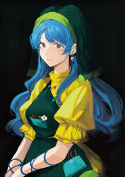 Rule 34 | 1girl, absurdres, apron, black background, blue hair, commentary request, earrings, green apron, green hat, haniyasushin keiki, hat, head scarf, highres, jewelry, long hair, looking at viewer, parted lips, red eyes, sarukana, short sleeves, simple background, solo, touhou, upper body