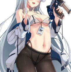 Rule 34 | 1girl, :d, black panties, black pantyhose, blue archive, bra, breasts, dot nose, finger to face, gluteal fold, grey hair, gun, hand on own chest, handgun, head out of frame, holding, holding gun, holding weapon, id card, jacket, light blush, long hair, long sleeves, medium breasts, navel, noa (blue archive), open mouth, panties, pantyhose, side-tie panties, sidelocks, sig sauer p320, simple background, smile, string bra, string panties, two-sided fabric, two-sided jacket, underwear, very long hair, weapon, white background, white bra, white jacket, xephonia