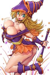 Rule 34 | 1girl, alternate breast size, amania orz, ass, bare shoulders, blonde hair, blush stickers, boots, breasts, bursting breasts, choker, cleavage, collarbone, curvy, dark magician girl, duel monster, female focus, green eyes, halloween, hat, highres, huge ass, huge breasts, large breasts, long hair, looking at viewer, looking back, magical girl, open mouth, pentacle, shiny skin, smile, solo, staff, wand, wizard hat, yu-gi-oh!, yu-gi-oh! duel monsters
