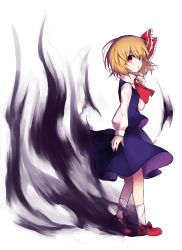 Rule 34 | 1girl, ascot, black skirt, blonde hair, blouse, bow, darkness, eyes visible through hair, frilled ribbon, frills, hair bow, hair ribbon, long sleeves, looking at viewer, looking to the side, mary janes, nakukoroni, red ascot, red bow, red eyes, red footwear, red ribbon, ribbon, rumia, shirt, shoes, short hair, skirt, solo, touhou, umbrakinesis, vest, white legwear, white shirt, wing collar