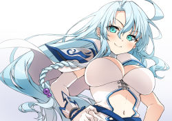 Rule 34 | 1girl, blue eyes, blue hair, breasts, center opening, cleavage, large breasts, long hair, looking at viewer, navel, revealing clothes, sentouin hakenshimasu!, smile, snow (sentouin hakenshimasu!)