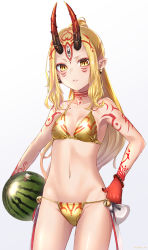 Rule 34 | 1girl, absurdres, bad id, bad pixiv id, bell, bikini, blonde hair, breasts, closed mouth, commentary request, earrings, facial mark, fate/grand order, fate (series), food, fruit, gradient background, hand on own hip, highres, holding, holding food, horns, ibaraki douji (fate), jewelry, jingle bell, legs apart, long hair, looking at viewer, medium breasts, nail polish, navel, oni, oni horns, pointy ears, ponytail, red nails, solo, standing, stomach, swimsuit, tattoo, third eye, watermelon, yellow bikini, yellow eyes, yukihama