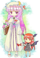 Rule 34 | 2girls, aged down, bat wings, black dress, book, bow, demon girl, dress, embodiment of scarlet devil, female focus, frills, full body, hair bow, hat, head wings, height difference, holding, holding book, jitome, koakuma, long hair, long sleeves, looking at viewer, michii yuuki, mob cap, multiple girls, multiple hair bows, patchouli knowledge, purple eyes, purple hair, red eyes, red hair, robe, standing, touhou, very long hair, wings