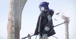 Rule 34 | 1girl, absurdres, arknights, black halo, black jacket, blue eyes, blue hair, blurry, blurry background, column, commentary request, dark halo, demon horns, detached wings, fur-trimmed hood, fur trim, halo, highres, holding, holding weapon, hood, hood down, horns, jacket, long hair, looking at viewer, mostima (arknights), open clothes, open jacket, outdoors, pillar, ruins, sidelocks, sketch, solo, sthk, weapon, wings