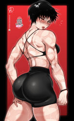 Rule 34 | 1girl, absurdres, almualim, ass, back, black hair, blush, english text, gym uniform, highres, huge ass, jujutsu kaisen, looking back, muscular, muscular female, one eye closed, orange eyes, red background, short hair, signature, solo, thighs, zen&#039;in maki