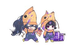Rule 34 | 1boy, 1girl, antennae, bag, black hair, blue overalls, boots, can, chibi, closed eyes, e.g.o (project moon), high ponytail, holding, holding bag, hong lu (project moon), hood, hood down, hood up, hoodie, limbus company, lm (lc goodgame), long hair, long sleeves, open mouth, opened can of wellcheers, orange headwear, orange hood, orange hoodie, overalls, project moon, red eyes, ryoshu (project moon), simple background, smile, very long hair, white background, white footwear