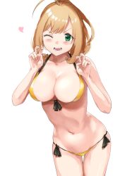 Rule 34 | 1girl, ;d, ahoge, alternate costume, bent v, bikini, blush, breasts, brown hair, cleavage, collarbone, double v, front-tie bikini top, front-tie top, hamita1220, heart, highres, idolmaster, idolmaster cinderella girls, large breasts, looking at viewer, navel, one eye closed, open mouth, ponytail, sato shin, side-tie bikini bottom, sidelocks, simple background, smile, solo, stomach, swimsuit, thigh gap, v, white background, yellow bikini