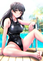Rule 34 | 1girl, aga marino, barefoot, black hair, black one-piece swimsuit, blue sky, breasts, brown eyes, cloud, competition swimsuit, day, dorsiflexion, idolmaster, idolmaster shiny colors, large breasts, long hair, mayuzumi fuyuko, one-piece swimsuit, outdoors, pool ladder, sitting, sky, solo, swimsuit, two side up