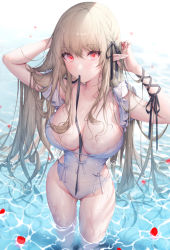 Rule 34 | 1girl, blush, breasts, cleavage, grey hair, hair between eyes, highres, large breasts, long hair, looking at viewer, narrow waist, one-piece swimsuit, partially submerged, pointy ears, red eyes, sencha (senchat), solo, swimsuit, thighs, vampire, very long hair, wet
