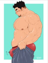 Rule 34 | 1boy, ass, bara, belly, blush, bulge, bulge lift, denim, dressing, facial hair, feet out of frame, from side, goatee, i&#039;ve never seen a guy recreate this successfully tbh (meme), jeans, large pectorals, long sideburns, male focus, male underwear, meme, motion lines, muscular, muscular male, nipples, open pants, original, pants, pants lift, pectorals, red male underwear, short hair, sideburns, solo, spiked hair, stomach, sweatdrop, tama (g-men), thick arms, thick eyebrows, topless male, translation request, undersized clothes, underwear, veins, veiny arms