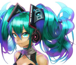 Rule 34 | 1girl, alternate hairstyle, bare shoulders, breasts, character name, closed mouth, collarbone, green eyes, green hair, hair between eyes, hair ornament, hatsune miku, headgear, headphones, highres, looking at viewer, simple background, sleeveless, small breasts, smile, solo, sumino akasuke, turtleneck, upper body, vocaloid, white background