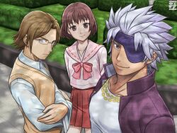 1girl 2boys arms_behind_back bow bowtie brown_eyes brown_hair chain chain_necklace chousokabe_motochika_(sengoku_basara) crossed_arms dress_shirt eyepatch frown gakuen_basara gakuran glasses grey_hair jacket jewelry looking_at_viewer manojimerser mouri_motonari_(sengoku_basara) multiple_boys necklace pink_bow pink_bowtie pink_sailor_collar pleated_skirt purple_eyes purple_jacket red_skirt sailor_collar school_uniform sengoku_basara shirt short_hair skirt smile spiked_hair sweater_vest tsuruhime_(sengoku_basara) white_shirt