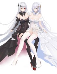 Rule 34 | 2girls, absurdres, azur lane, bare shoulders, black dress, black legwear, blue eyes, breasts, chain, cleavage, closed mouth, commentary request, covered navel, crossed bangs, detached collar, dress, emden (azur lane), eyepatch, full body, hair between eyes, high heels, highres, kuyoumi, large breasts, lock, long dress, long hair, multiple girls, off-shoulder dress, off shoulder, pantyhose, purple hair, red eyes, simple background, sitting, smile, thighhighs, torn clothes, torn legwear, white background, white dress, white footwear, white legwear, wrist cuffs