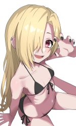 Rule 34 | 1girl, :d, arm support, bikini, black bikini, black nails, blonde hair, breasts, collarbone, commentary, fangs, hair over one eye, halulu, highres, idolmaster, idolmaster cinderella girls, long hair, looking at viewer, nail polish, open mouth, red eyes, shirasaka koume, simple background, small breasts, smile, solo, swimsuit, symbol-only commentary, white background