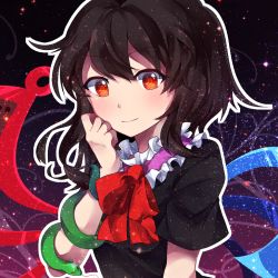 Rule 34 | 1girl, animal, asymmetrical wings, black dress, black hair, blush, bow, bowtie, buttons, closed mouth, collar, dress, eyebrows, frilled collar, frilled shirt collar, frills, hand on own cheek, hand on own face, houjuu nue, kaoling, red bow, red bowtie, red eyes, short hair, short sleeves, smile, snake, solo, sparkle, tareme, touhou, upper body, wings