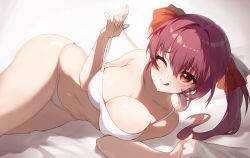 Rule 34 | 1girl, ;q, apple caramel, bare arms, bare shoulders, bikini, breasts, cleavage, closed mouth, collarbone, hair ribbon, highres, hololive, houshou marine, large breasts, long hair, looking at viewer, lying, navel, on side, one eye closed, pulling own clothes, red eyes, red hair, ribbon, skindentation, smile, solo, stomach, strap pull, string bikini, swimsuit, thighs, tongue, tongue out, twintails, virtual youtuber, white bikini