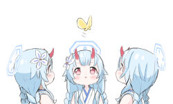 Rule 34 | 3girls, bare shoulders, blue archive, blue hair, blush, braid, bug, butterfly, chise (blue archive), detached sleeves, flower, hair between eyes, hair flower, hair ornament, highres, horns, insect, japanese clothes, kimono, long hair, looking at another, multiple girls, multiple persona, oni, oni horns, open mouth, red eyes, simple background, sleeveless, vanilla itachi, white background