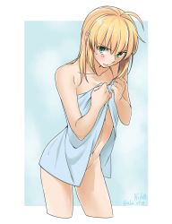 Rule 34 | &gt;:t, 1girl, :t, ahoge, artoria pendragon (all), artoria pendragon (fate), bare arms, bare shoulders, blue background, blush, closed mouth, collarbone, commentary request, covering privates, covering breasts, cropped legs, dated, fate/stay night, fate (series), green eyes, highres, kujou (akn2 0928), leaning forward, looking at viewer, medium hair, naked towel, navel, pout, saber (fate), simple background, solo, standing, stomach, sweat, thighs, towel, tsurime, v-shaped eyebrows