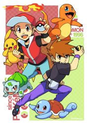 Rule 34 | 2boys, absurdres, ball, baseball cap, belt, black footwear, blue eyes, blue pants, brown eyes, brown hair, buckle, bulbasaur, charmander, checkered background, creatures (company), emcee, english text, fangs, fiery tail, fire, full body, game freak, gen 1 pokemon, hat, highres, holding, holding ball, holding poke ball, jewelry, long sleeves, looking at viewer, male focus, multiple boys, nintendo, orange eyes, pants, parody, pendant, pikachu, poke ball, poke ball (basic), pokemon, pokemon (creature), pokemon frlg, purple pants, red eyes, shoes, short sleeves, signature, spiked hair, squirtle, starter pokemon trio, style parody, tail, ultra ball, yellow eyes