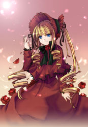 Rule 34 | 00s, 1girl, blonde hair, blue eyes, bonnet, bow, bowtie, dress, drill hair, expressionless, green bow, green bowtie, kaida michi, long hair, long sleeves, red dress, rozen maiden, shinku, sidelocks, solo, standing, twin drills, twintails, very long hair