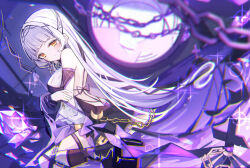 Rule 34 | 1girl, alternate costume, backless dress, backless outfit, black footwear, chain, detached sleeves, dress, grey hair, haidollo, head chain, high heels, highres, hololive, jewelry, long hair, looking at viewer, murasaki shion, sleeveless, sleeveless dress, solo, thigh strap, virtual youtuber, white sleeves, yellow eyes