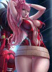 Rule 34 | 2girls, absurdres, alternate hairstyle, arms behind head, ass, bad anatomy, belt, black hair, bodysuit, boku no hero academia, cosplay, costume switch, crossover, curvy, darling in the franxx, green eyes, highres, hlulani, leotard, lips, long hair, multiple girls, narrow waist, navel, pink hair, ponytail, red bodysuit, standing, thick thighs, thigh gap, thighs, wide hips, yaoyorozu momo, yaoyorozu momo (cosplay), zero two (darling in the franxx), zero two (darling in the franxx) (cosplay)