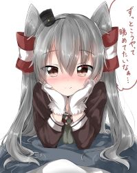 Rule 34 | 10s, 1girl, :o, ^ ^, amatsukaze (kancolle), animated, animated gif, black hat, blush, brown eyes, brown shirt, closed eyes, closed mouth, gloves, hair between eyes, hair tubes, hairband, hands on own cheeks, hands on own face, hands up, hat, head rest, heart, highres, kantai collection, long hair, long sleeves, looking at viewer, lying, mini hat, musical note, non-repeating animation, nose blush, on stomach, open mouth, pentagon (railgun ky1206), pov, quaver, shirt, silver hair, simple background, smile, solo, speech bubble, talking, text focus, twintails, two side up, upper body, white background, white gloves