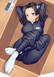 Rule 34 | 1girl, absurdres, arms behind head, black hair, blue eyes, blush, box, breasts, butterfly hair ornament, cardboard box, crossed legs, feet, forehead, full body, hair ornament, highres, in box, in container, kanzaki aoi (kimetsu no yaiba), kimetsu no yaiba, large breasts, looking at viewer, smile, socks, solo, tabi, twintails, uniform, xiaoxi0619