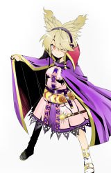 Rule 34 | 1girl, ;), belt, cape, earmuffs, fufuyomumusu, gold trim, highres, jewelry, legs apart, looking at viewer, one eye closed, pointy hair, shirt, short hair, simple background, skirt, smile, solo, touhou, toyosatomimi no miko, white background