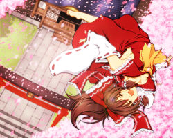 Rule 34 | 1girl, :d, barefoot, blurry, bohemian archive in japanese red, bow, box, breasts, brown hair, cherry blossoms, depth of field, detached sleeves, donation box, female focus, flying, from above, hair bow, hair ribbon, hakurei reimu, haruyonoto, japanese clothes, miko, nail polish, open mouth, petals, pink nails, ponytail, ribbon, short hair, shrine, sideboob, smile, solo, torii, touhou, wallpaper