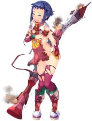 Rule 34 | 1girl, anping kohou (oshiro project), blue hair, boots, closed eyes, crying, detached sleeves, full body, holding, holding weapon, kokka han, m1 bazooka, official art, open mouth, oshiro project:re, oshiro project:re, purple thighhighs, rocket launcher, rpg (weapon), short hair, solo, thighhighs, torn clothes, torn thighhighs, transparent background, weapon