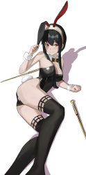 Rule 34 | 1girl, alternate costume, animal ears, arm support, ass, bare shoulders, black bow, black bowtie, black hair, black leotard, black thighhighs, blush, bow, bowtie, breasts, closed mouth, covered navel, dagger, detached collar, fake animal ears, feet out of frame, hairband, hand on headwear, hand up, highres, knife, leotard, lying, medium breasts, on side, playboy bunny, rabbit ears, rabbit tail, red eyes, shadow, shaka (user fmwh2232), short hair with long locks, sideboob, sidelocks, simple background, solo, spy x family, stiletto (weapon), strapless, strapless leotard, tail, thighhighs, thighs, weapon, white background, white hairband, wrist cuffs, yor briar